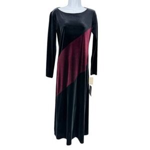 Maggy London Velvet‎ Colorblock Maxi Dress Long Sleeve Black Burgundy Size 4 NWT